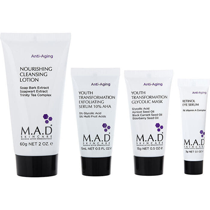 M.a.d. Skincare Discover Anti-aging: Cleansing Lotion 60ml/2oz & Exfoliating Serum 14.7g/0.5oz & Glycolic Mask 14.7g/0.5oz & Retinol Eye Serum 7.3g/0.24oz 4pcs