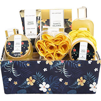 Spa Luxetique Tahiti Island Spa Basket: Shower Gel & Bubble Bath & Body Butter & Body Scrub & Body Lotion & Hand Cream & Bath Salt & Soap & Essential Oil & 6x Soap Petals & Pouf Sponge & Fabric Gift Box & Box 11 Pcs