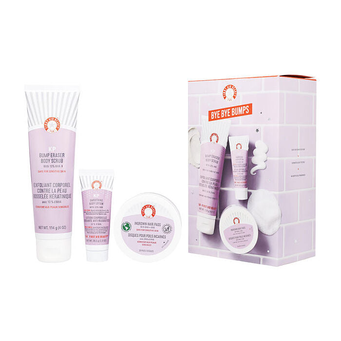 First Aid Beauty Bye Bye Bumps Kit: Kp Bump Eraser Body Scrub 10% Aha 120ml/4oz & Kp Smoothing Body Lotion 30ml/1oz & Ingrown Hair Pads 28pads 3pcs