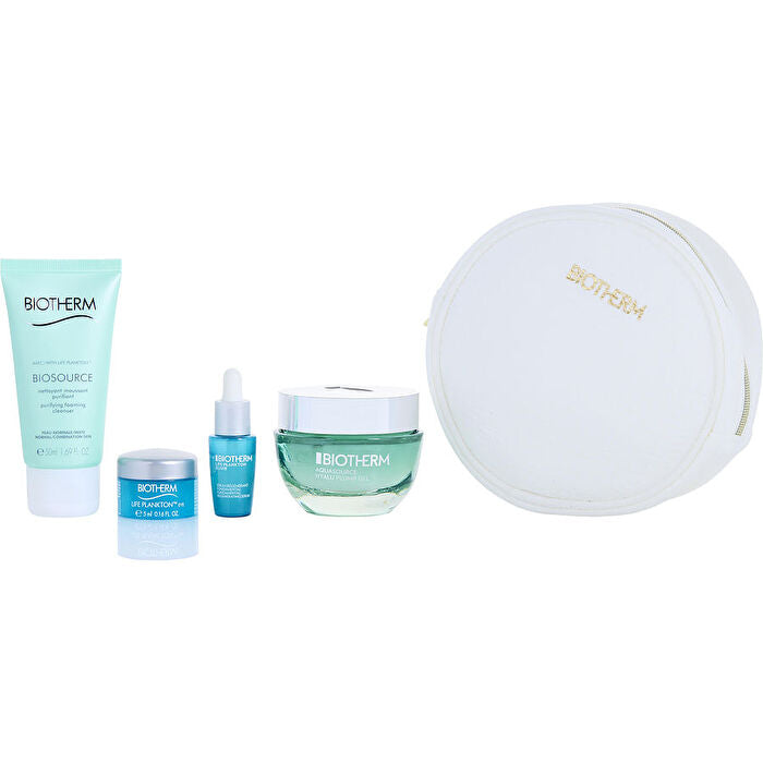 Biotherm Aquasource Hyalu Plump Routine Set: Aquasource Hyalu Plump Gel 50ml/1.7oz & Biosource Purifying Foaming Cleanser 50ml/1.7oz & Life Plankton Elixir Serum 7ml/0.23oz & Life Plankton Eye Cream 5ml/0.17oz & Pouch 5pcs