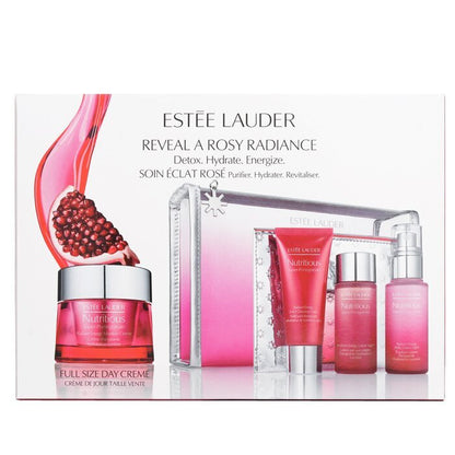 Estee Lauder Nutritious Super-Pomegranate Reveal A Rosy Radiance Set: Moisture Creme+ Milky Lotion Light+ Lotion+ Cleansing Foam ... 4pcs+2bags