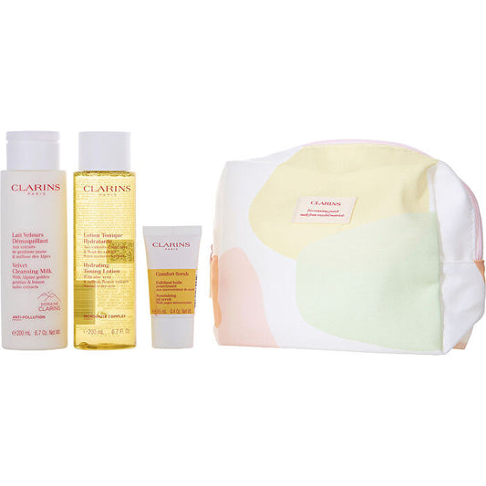 Clarins Cleansing Milk 200ml/6.7oz & Toning Lotion 200ml/6.7oz & Comfort Scrub 15ml/0.5oz 3pcs & Bag