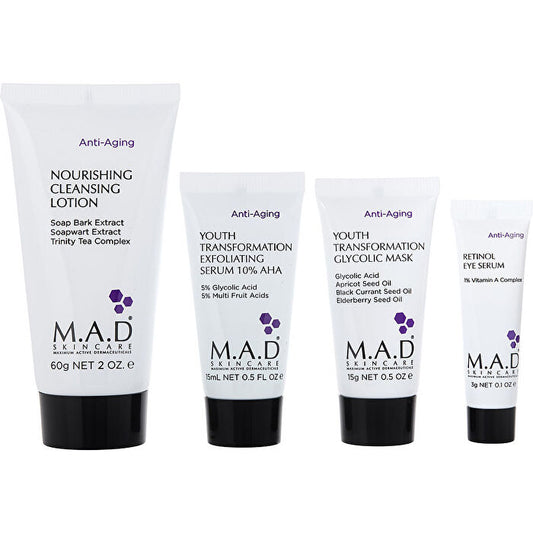 M.a.d. Skincare Discover Anti-aging: Cleansing Lotion 60ml/2oz & Exfoliating Serum 14.7g/0.5oz & Glycolic Mask 14.7g/0.5oz & Retinol Eye Serum 7.3g/0.24oz 4pcs