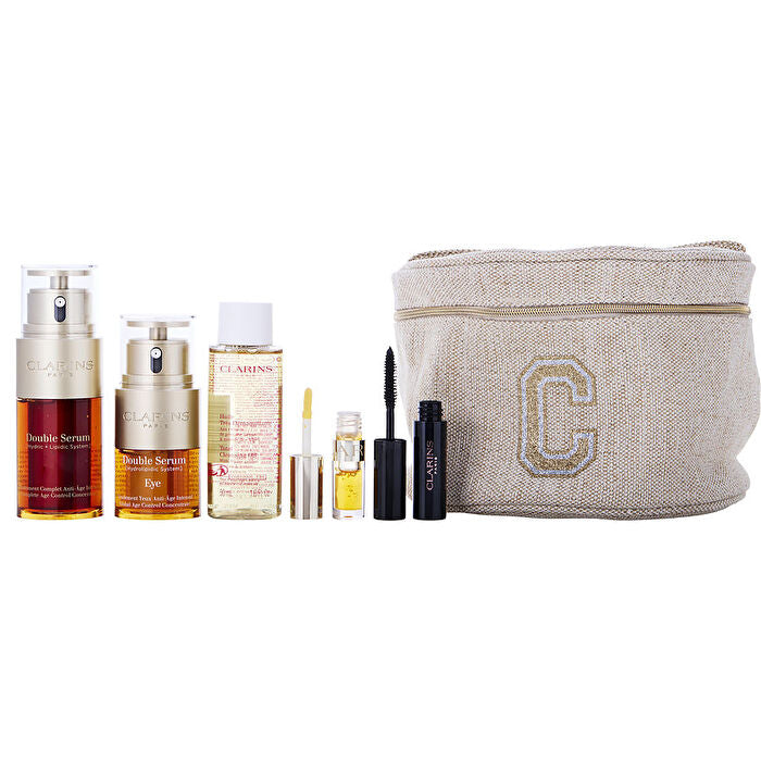 Clarins Double Serum Face And Eye Revitalizers: Double Serum 30ml/1oz & Double Serum Eye 0.6oz & Total Cleansing Oil 30ml/1.6oz +lip Comfort Oil 01 Honey 0.04oz & Wonder Perfect Mascara 4d 0.1oz 5pcs+pouch