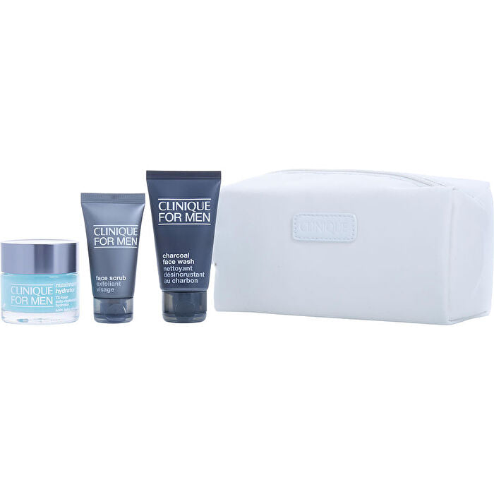 Clinique Great Skin For Him Set: Maximum Hydrator 72-h Auto-replenishing Hydrator 30ml/1.7oz & Charcoal Face Wash 30ml/1.7oz & Face Scrub 30ml/1oz 4pcs+bag