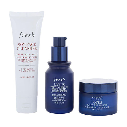 Fresh Resurfacing Radiance Trio Skincare Set: Soy Ph-balanced Hydrating Face Wash 50ml/1.7oz & Lotus Aha Gentle Resurfacing Serum 30ml/1oz & Lotus Youth Preserve Radiance Renewal Night Cream 30ml/1oz 3pcs